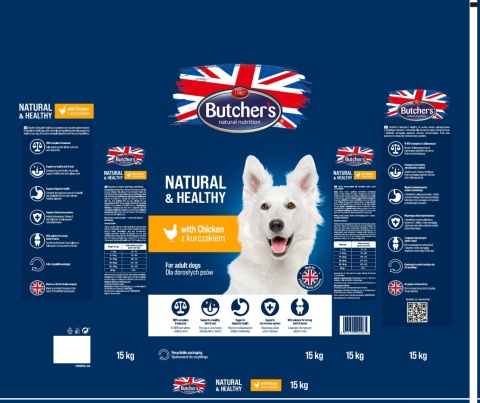 BUTCHER'S Natural&Healthy sucha karma dla psa z kurczakiem 15 kg